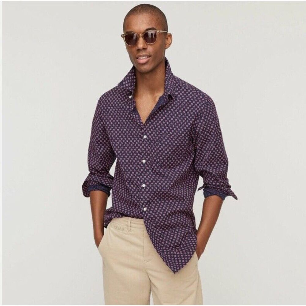 J. Crew Stretch Secret Wash Floral Slim Long Sleeve Button‎ Down Shirt Navy L